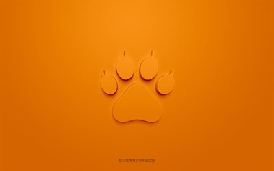 Icona 3d zampa di gatto, sfondo arancione, simboli 3d, zampa di gatto, icone animali, icone 3d, segno zampa di gatto, icone animali 3d