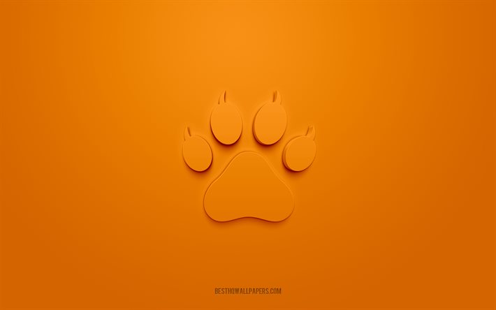 猫の足の3Dアイコン, オレンジ色の背景, 3Dシンボル, 猫の足, 動物アイコン, 3D图标, 猫の足のサイン, 動物の3Dアイコン