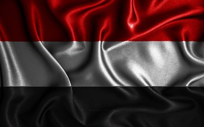 Jemenin lippu, 4k, aaltoilevat silkkiliput, Aasian maat, kansalliset symbolit, kangasliput, 3D-taide, Jemen, Aasia, Jemen 3D-lippu