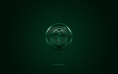 Celtic FC, Scottish football club, Scottish Premiership, green logo, green carbon fiber background, football, Glasgow, Scotland, Celtic FC logo