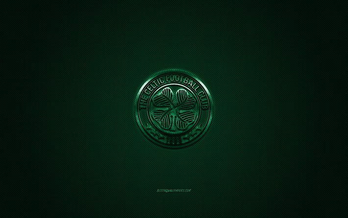 Celtic FC, Scottish football club, Scottish Premiership, green logo, green carbon fiber background, football, Glasgow, Scotland, Celtic FC logo
