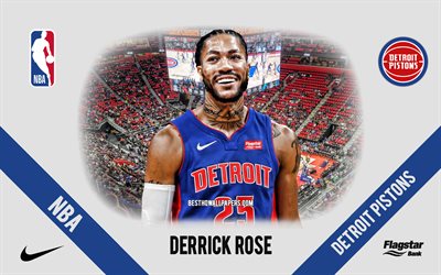 Derrick Rose, Detroit Pistons, giocatore di basket americano, NBA, ritratto, USA, basket, Little Caesars Arena, logo Detroit Pistons
