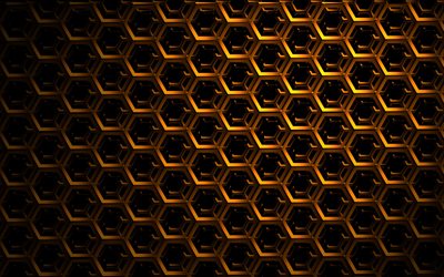hexagones en m&#233;tal dor&#233;, 4k, textures 3D, hexagones m&#233;talliques, nid d&#39;abeille, motifs d&#39;hexagones, textures d&#39;hexagones, arri&#232;re-plans m&#233;talliques 3D, texture 3D hexagones