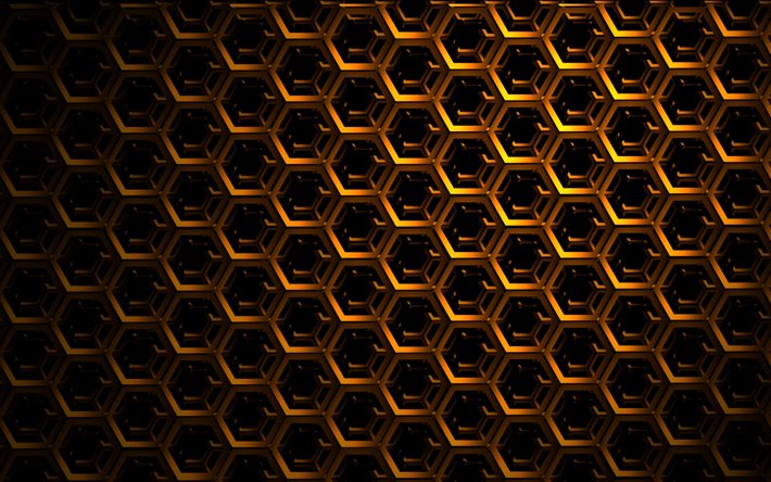 golden metal hexagons, 4k, 3D textures, metal hexagons, honeycomb, hexagons patterns, hexagons textures, 3D metal backgrounds, hexagons 3D texture