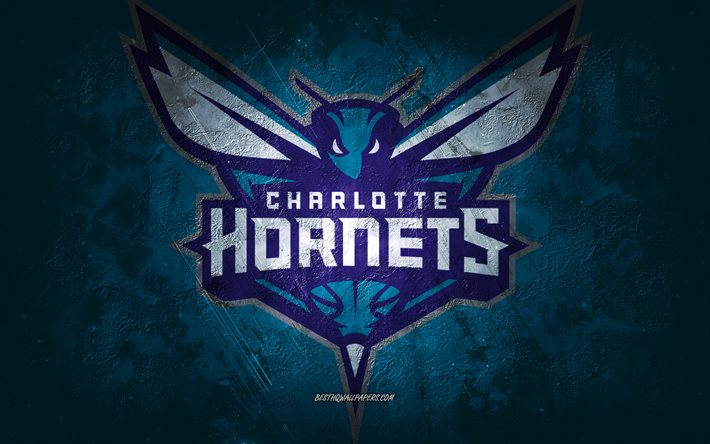 charlotte hornets, amerikanische basketballmannschaft, blauer steinhintergrund, charlotte hornets-logo, grunge-kunst, nba, basketball, usa, charlotte hornets-emblem
