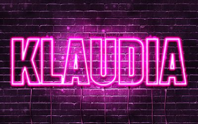 Klaudia, 4k, isimleri olan duvar kağıtları, kadın isimleri, Klaudia adı, mor neon ışıkları, Mutlu Yıllar Klaudia, pop&#252;ler Polonya kadın isimleri, Klaudia isimli resim