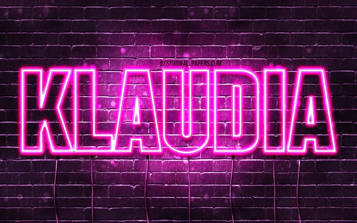 Klaudia, 4k, bakgrundsbilder med namn, kvinnliga namn, Klaudia namn, lila neonljus, Grattis p&#229; f&#246;delsedagen Klaudia, popul&#228;ra polska kvinnliga namn, bild med Klaudia namn