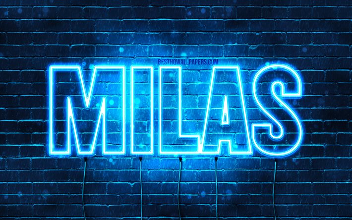 Milas, 4k, pap&#233;is de parede com nomes, nome de Milas, luzes de n&#233;on azuis, Milas de feliz anivers&#225;rio, nomes masculinos dinamarqueses populares, foto com o nome de Milas