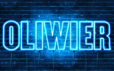 Oliwier, 4k, wallpapers with names, Oliwier name, blue neon lights, Happy Birthday Oliwier, popular polish male names, picture with Oliwier name