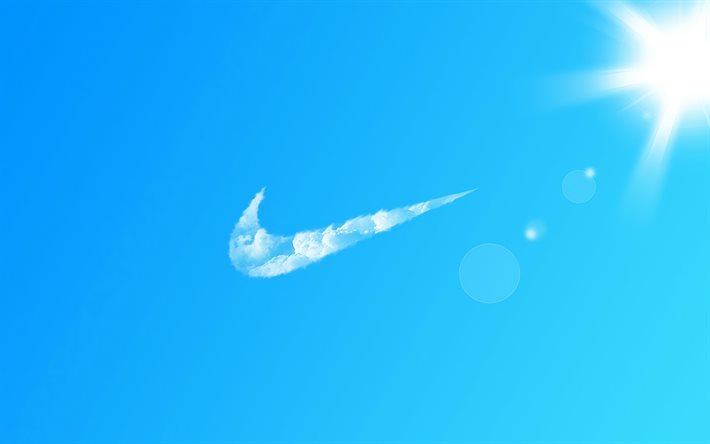4k, Nike logo, creative, blue sky backgrounds, artwork, brands, Nike