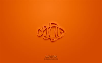 Icona 3d pesce pagliaccio, sfondo arancione, simboli 3d, pesce pagliaccio, icone pesci, icone 3d, segno pesce pagliaccio, icone pesci 3d