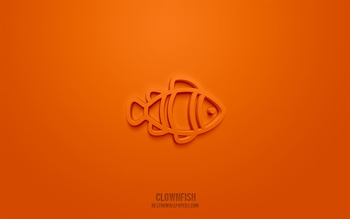 Clownfish 3d ikon, orange bakgrund, 3d symboler, Clownfish, Fiskar ikoner, 3d ikoner, Clownfish tecken, Fiskar 3d ikoner