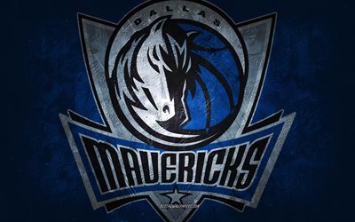 Dallas Mavericks, time de basquete americano, fundo de pedra azul, logotipo do Dallas Mavericks, arte grunge, NBA, basquete, EUA, Dallas Mavericks emblema