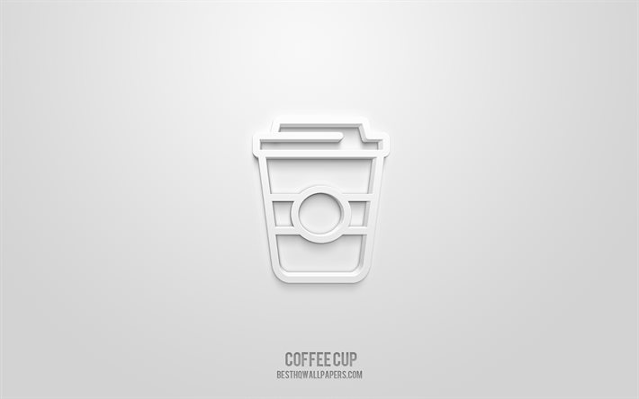أيقونة فنجان القهوة ثلاثي الأبعاد, خلفية بيضاء, رموز ثلاثية الأبعاد, كوب قهوة, أيقونات المشروبات, أيقونات ثلاثية الأبعاد, المشروبات الرموز 3D