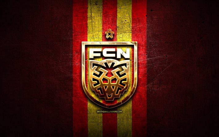Nordsjaelland FC, golden logo, Danish Superliga, punainen metallitausta, Nordsjaelland uusi logo, jalkapallo, Tanskan jalkapalloseura, Nordsjaelland logo, FC Nordsjaelland