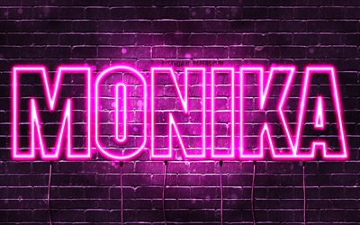 Monika, 4k, pap&#233;is de parede com nomes, nomes femininos, nome Monika, luzes de neon roxas, Monika feliz anivers&#225;rio, nomes femininos poloneses populares, foto com nome Monika