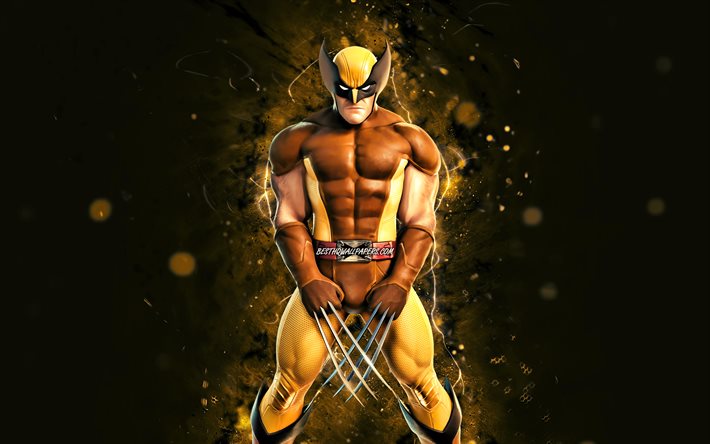 Wolverine, 4k, keltaiset neonvalot, supersankarit, Logan, Marvel Comics, James Howlett, Wolverine 4K
