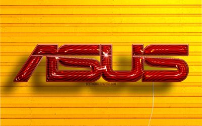 Logo Asus, 4K, ballons rouges r&#233;alistes, marques, logo Asus 3D, fonds en bois jaune, Asus