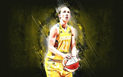 Courtney Vandersloot, Chicago Sky, WNBA, american basketball player, yellow stone background, basketball, Womens National Basketball Association