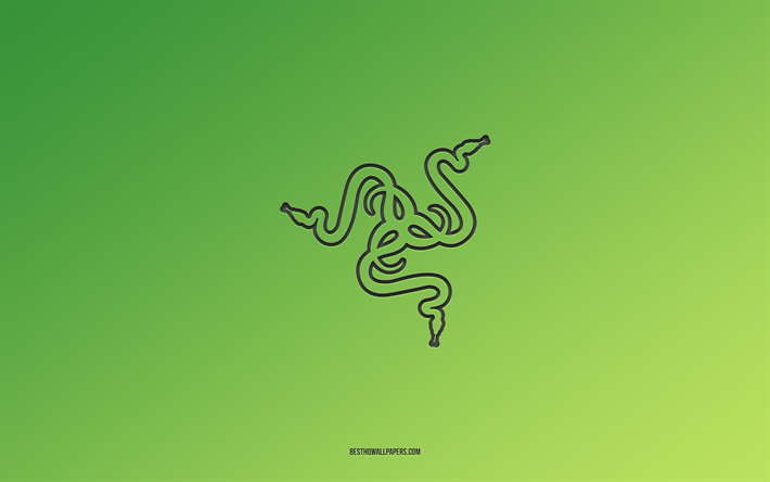 レイザーパープルロゴ, 4k, 緑のグラデーションの背景, Razer カーボンロゴ, 緑の背景, Razerのロゴ, Razerエンブレム