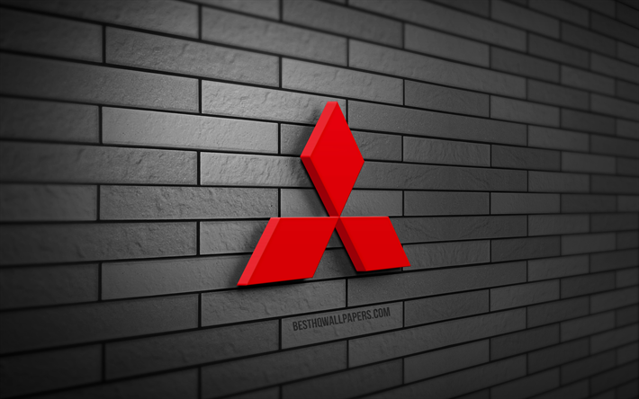 Mitsubishi 3D logo, 4K, harmaa tiilisein&#228;, luova, autojen tuotemerkit, Mitsubishi logo, 3D art, Mitsubishi