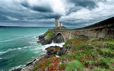 Lighthouse, sea, coast, rocks, France, Brittany, Finistere
