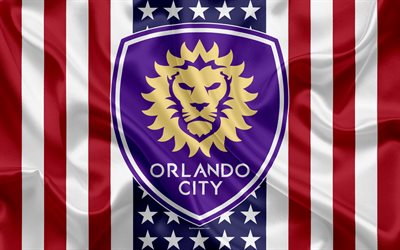 Orlando City SC, 4k, el logotipo de seda de la textura, la bandera Americana, emblema, club de f&#250;tbol de la MLS, el Orlando, Florida, estados UNIDOS, la Major League Soccer, de la conferencia este