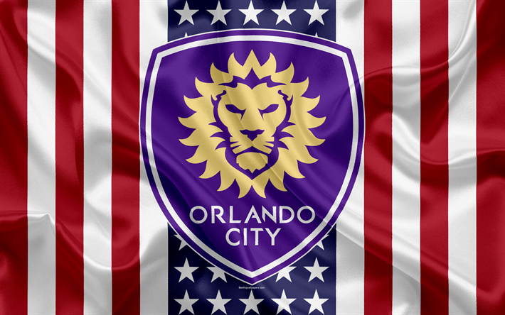 Orlando City SC, 4k, logo, soie, texture, Am&#233;ricain, drapeau, embl&#232;me, club de football, MLS, Orlando, Floride, etats-unis, de la Ligue Majeure de Soccer, de conf&#233;rence est