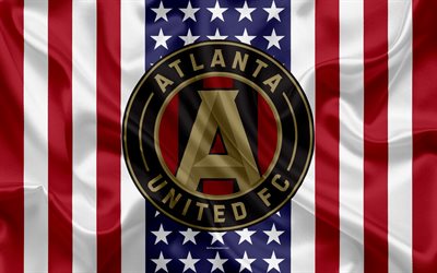 Atlanta United FC, 4k, logo, silk texture, American flag, emblem, football club, MLS, Atlanta, Georgia, USA, Major League Soccer, Eastern conference