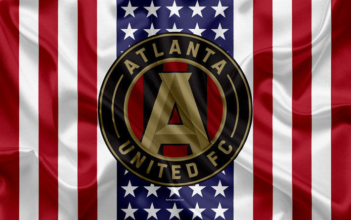 Atlanta, United FC, 4k, logo, soie, texture, Am&#233;ricain, drapeau, embl&#232;me, club de football, MLS, G&#233;orgie, &#233;tats-unis, de la Ligue Majeure de Soccer, de conf&#233;rence est
