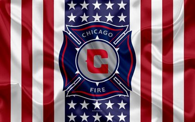 El Fire de Chicago, 4k, el logotipo de seda de la textura, la bandera Americana, emblema, club de f&#250;tbol de la MLS, Chicago, Illinois, estados UNIDOS, la Major League Soccer, de la conferencia este