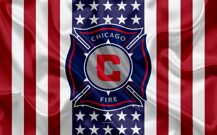 Chicago Fire, 4k, logo, silk texture, American flag, emblem, football club, MLS, Chicago, Illinois, USA, Major League Soccer, Eastern conference