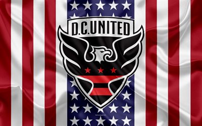 DC United, 4k, logo, silk texture, American flag, DC United FC emblem, football club, MLS, Washington, USA, Major League Soccer, Eastern conference