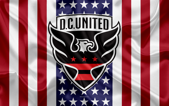 DC United, 4k, logo, soie, texture, drapeau Am&#233;ricain, DC United FC embl&#232;me, club de football, MLS, Washington, &#233;tats-unis, de la Ligue Majeure de Soccer, de conf&#233;rence est