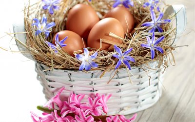 Basket with eggs, Easter, spring, nest, easter decoration