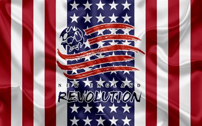 New England Revolution, 4k, logo, silk texture, American flag, emblem, football club, MLS, Foxboro, Massachusetts, USA, Major League Soccer, Eastern conference