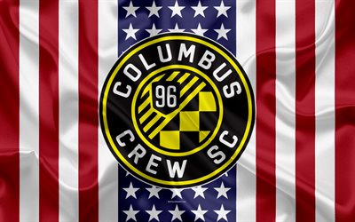 Columbus Crew SC, 4k, logo, silk texture, American flag, emblem, football club, MLS, Columbus, Ohio, USA, Major League Soccer, Eastern conference