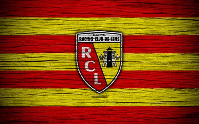 Lens FC, 4k, Ligue 2, football, wooden texture, France, RC Lens, soccer, football club, Liga 2, FC Lens