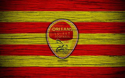 Orleans FC, 4k, Ligue 2, football, wooden texture, France, US Orleans Loiret, soccer, football club, Liga 2, FC Orleans