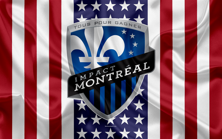 Montreal Impact, 4k, logo, silk texture, American flag, emblem, football club, MLS, Montreal, Canada, USA, Major League Soccer, Eastern conference