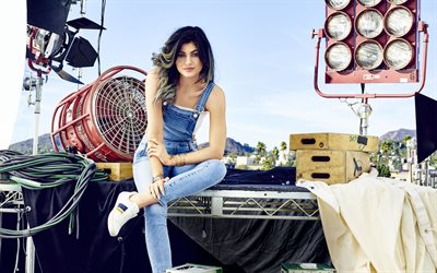 Kylie Jenner, 4k, young American fashion model, photoshoot, denim overalls, beautiful brunette