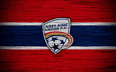 Adelaide United FC, 4k, soccer, A-League, football club, Australia, Adelaide United, logo, wooden texture, FC Adelaide United