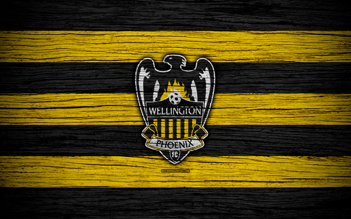 Wellington Phoenix FC, 4k, futebol, A-League, clube de futebol, Austr&#225;lia, Wellington Phoenix, logo, textura de madeira, FC Wellington Phoenix