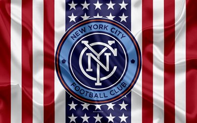 نيويورك سيتي, 4k, شعار, نسيج الحرير, العلم الأمريكي, نادي كرة القدم, MLS, نيويورك, الولايات المتحدة الأمريكية, دوري كرة القدم, الشرقي