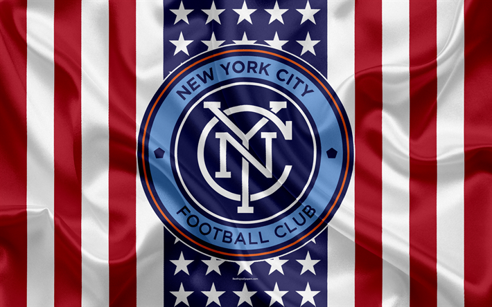 New York City FC, 4k, logo, silkki tekstuuri, Amerikan lippu, tunnus, football club, MLS, New York, USA, Major League Soccer, It&#228;isen konferenssin