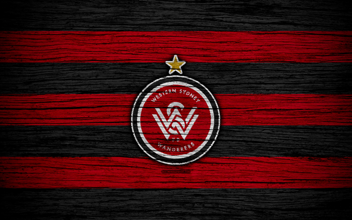 Western Sydney Wanderers FC, 4k, futbol, Liga, club de f&#250;tbol, Australia, Western Sydney Wanderers, el logotipo, el WS Wanderers, de madera de la textura, el FC Western Sydney Wanderers