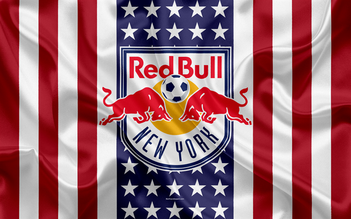 ニューヨークの赤牛, 4k, ロゴ, シルクの質感, アメリカのフラグ, 赤牛エンブレム, サッカークラブ, MLS, ニューヨーク, 米国, 主要リーグサッカー, 東方学会