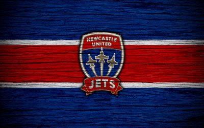 Newcastle Jets FC, 4k, soccer, A-League, football club, Australia, Newcastle Jets, logo, wooden texture, FC Newcastle Jets