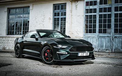 Ford Mustang Bullitt, 2018, sports coupe, green tuning Mustang, American sports cars Ford