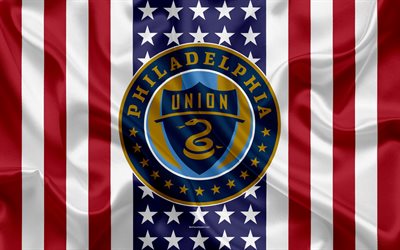 Philadelphia Union, 4k, logo, silk texture, American flag, emblem, football club, MLS, Philadelphia, Pennsylvania, USA, Major League Soccer, Eastern conference